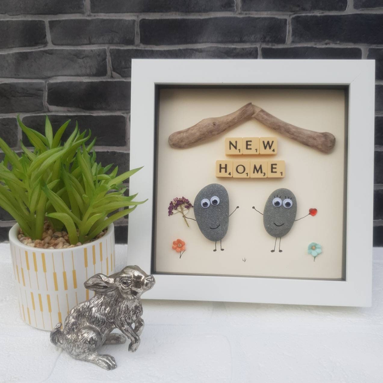 Handmade Pebble Art Picture in Wooden White Frame, Showing a Couple in their New Home Driftwood Roof, First Home Gift Housewarming