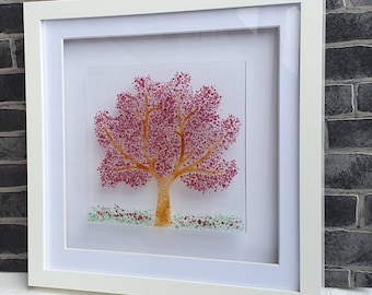 Beautiful Pink Spring Blossom Tree, Glass fused artwork, Framed