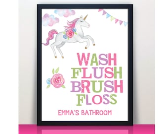 Personalized Unicorn Bathroom Paper Art Print | Custom Girls Bathroom Decor | Girls Shared Bathroom Decor | Unicorn Theme