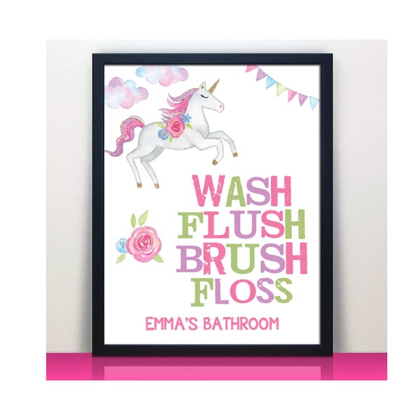 Personalized Unicorn Bathroom Paper Art Print | Custom Girls Bathroom Decor | Girls Shared Bathroom Decor | Unicorn Theme