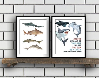 Shark Print Set of 2 | Boys Bathroom Decor | Boys Room Decor | Personalized Print | Shark Theme | Shark Room Print | Shark Decor