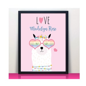Personalized Love Llama Print | Girl Llama Print | Pink Love Sign | Girls Room | Girl Room Decor | Dorm Decor | Colorful Room