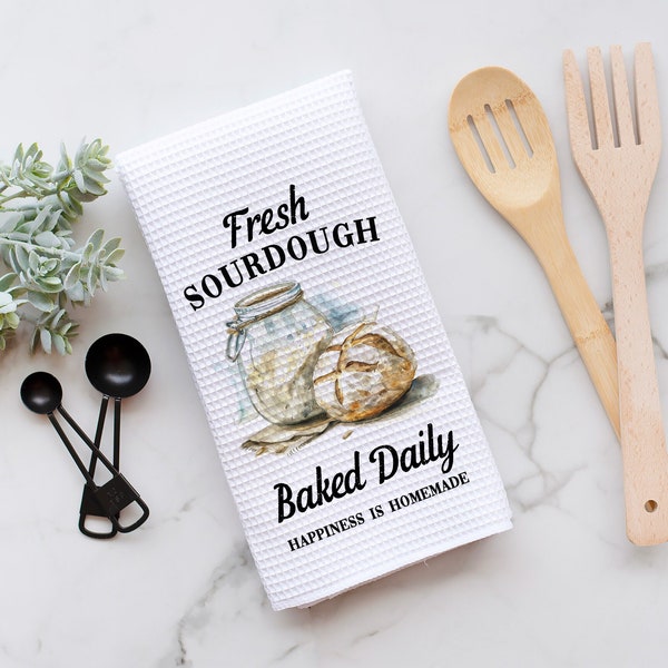 Sourdough Baked Daily Dish Towel | Bread Baking Kitchen Towel | Waffle Weave Tea Towel | Housewarming Gift | Gift for Baker