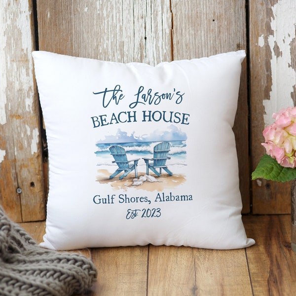 Personalized Beach Chair White Pillow | Custom Beach House Decor | Coastal Decorative Throw Pillow | Summer Beach Home Accessories