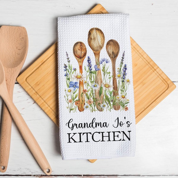 Watercolor Utensils Kitchen Decor Grandma Mom Gift Personalized Tea Dish Towel Housewarming Farm House Decoration Mothers Day Present Floral