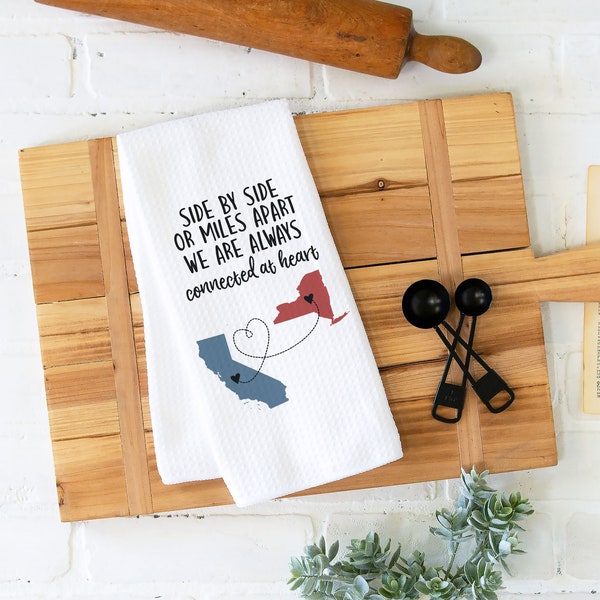 Long Distance Connected At Heart Dish Towel | Personalized Kitchen Towel | Going Away Gift | Personalized Dish Towel | Gift For Sister