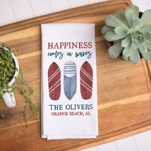 Custom Happiness Comes In Waves Beach Kitchen Towel | Personalized Kitchen Towel | Housewarming Gift | Custom Beach Accessories