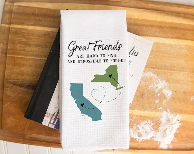 Personalized State to State Dish Towel, Long Distance Two State Friends Dish Towel, Long Distance Friendship Towel, Custom Moving Away Gift