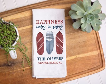 Custom Happiness Comes In Waves Beach Kitchen Towel | Personalized Kitchen Towel | Housewarming Gift | Custom Beach Accessories