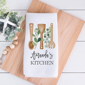 Personalized Eucalyptus Utensils Kitchen Towel Custom Dish Towel  Housewarming Gift | Unique Birthday Christmas Baker Baking Farmhouse Gift