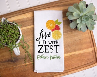 Personalized Live Life with Zest Towel | Lemon Kitchen Towel | Personalized Dish Towel | Spring Decor | Spring Hostess Gift