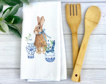 Chinoiserie Bunny Towel | Chino Kitchen Towel | Oriental Preppy Dish Towel | Chinoiserie Home Decor | Easter Home Decor