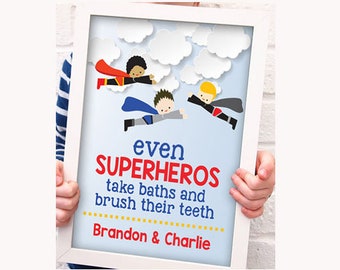 Boy Bathroom Sign Print | Kids Bathroom Decor | Brush Teeth Sign | Bathroom Wall Art | Kids Bathroom | Boys Bathroom | Superhero Bathroom