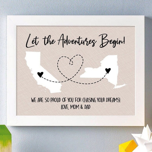 Adventure Begin Two State Print | Long Distance Map Gift | College Gift | Personalized Going Away | Long Distance Friendship