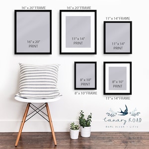 May include: A white wall with four black picture frames of different sizes. The frames are hanging on the wall and contain white mats and gray paper. The frames are labeled with the dimensions of the print and frame. The text "Canary Road Home Decor Gifts" is at the bottom of the image.