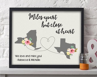 Miles Apart But Close In Heart Print | Long Distance Map Gift | Unique Friend Gift | Personalized Going Away | Best Friend Gift