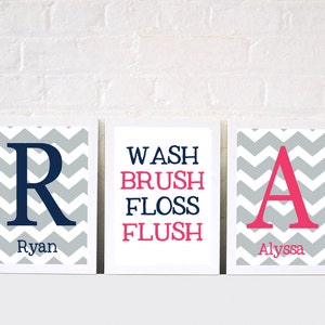 Chevron Bathroom Print Set | Boy Girl Bathroom | Brother Sister Bathroom Prints | Set of 3 Prints