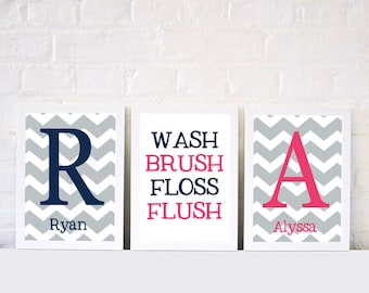 Chevron Bathroom Print Set | Boy Girl Bathroom | Brother Sister Bathroom Prints | Set of 3 Prints