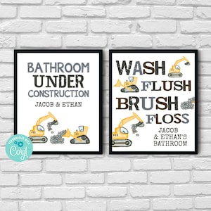Digital Kids Construction Bathroom Art Print Set of Two | Personalize Instantly with Corjl | Boys Bathroom Decor | Construction Theme