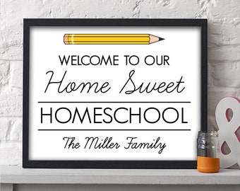 May include: A black framed print with the text "Welcome to our Home Sweet Homeschool The Miller Family" and a yellow pencil illustration.