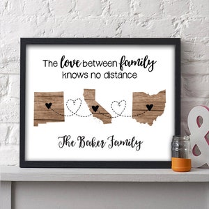 Love Between Family Knows No Distance | Long Distance Map Gift | Three State Print | Personalized Going Away | Best Friend Gift