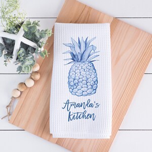Blue Pineapple Kitchen Towel - Personalized Cotton Waffle Weave
