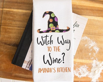 Witch Way To The Wine Halloween Kitchen Towel | Halloween Towel | Funny Seasonal Decor | Witch Kitchen Towel | Halloween Decor