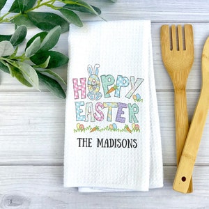 Custom Hoppy Easter Towel | Easter Kitchen Towel | Personalized Dish Towel | Easter Home Decor | Personalized Easter Decor