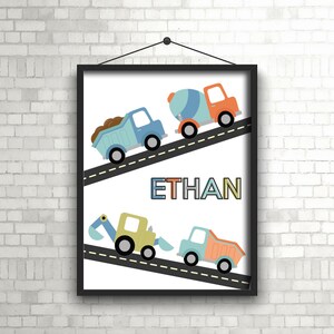 Boys Construction Print | Boys Bedroom Decor | Personalized Kid Print | Boy Room Decor | Blue Name Decor | Boys Playroom Decor