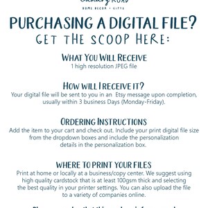 K&ouml;nnte beinhalten: Eine blaue und wei&szlig;e Textgrafik mit den Worten "Purchasing a Digital File? Get the Scoop Here:" Der Text ist in fetter, serifenloser Schrift. Die Grafik enth&auml;lt auch Informationen dar&uuml;ber, was im Kauf enthalten ist, wie man die Datei erh&auml;lt, Bestellanweisungen und wo man die Datei druckt. Die Grafik enth&auml;lt auch eine Erinnerung daran, dass der Kauf nur f&uuml;r den pers&ouml;nlichen und Geschenkgebrauch bestimmt ist.