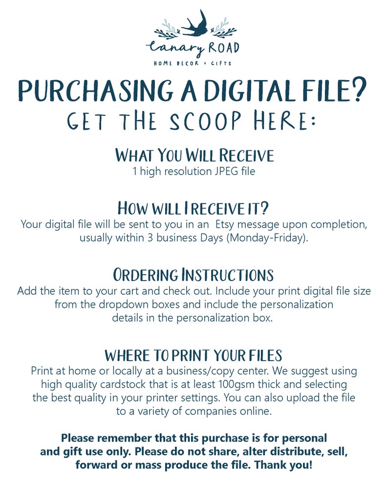 K&ouml;nnte beinhalten: Eine blaue und wei&szlig;e Textgrafik mit den Worten "Purchasing a Digital File? Get the Scoop Here:" Der Text ist in fetter, serifenloser Schrift. Die Grafik enth&auml;lt auch Informationen dar&uuml;ber, was im Kauf enthalten ist, wie man die Datei erh&auml;lt, Bestellanweisungen und wo man die Datei druckt. Die Grafik enth&auml;lt auch eine Erinnerung daran, dass der Kauf nur f&uuml;r den pers&ouml;nlichen und Geschenkgebrauch bestimmt ist.