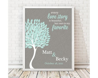 May include: A gray and white printable art print with a quote about love stories. The quote reads "every love story is beautiful, but ours is my favorite". The print also includes the names Matt & Becky and the date October 28, 2021.