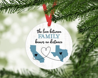 Two State Family Distance Metal Ornament | Custom Long Distance Family Gift | Christmas Tree Ornament Decoration for Family | Moving Away