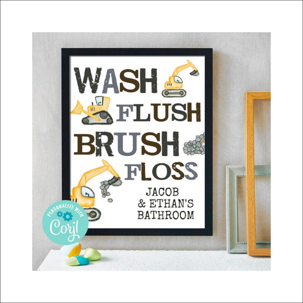 Digital Kids Bathroom Construction Art Print | Personalize Instantly with Corjl | Boys Bathroom Decoration | Construction Themed Decor