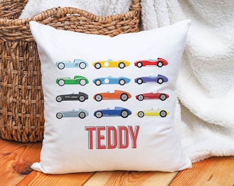 Racecar Collage Colorful Custom Pillow | Personalized Children's Bedroom Decor | Decorative Pillow for Nursery | Kid's Bedroom Accessories