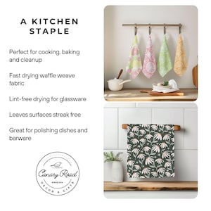 The image is a kitchen staple featuring a waffle weave fabric, a lint-free drying rack for glassware, and a towel with a floral pattern. The text highlights the versatility of the staple as a functional kitchen accessory, suitable for cooking, baking, and cleaning, as well as its ability to dry waffles quickly and efficiently. The image also showcases the waffle weave fabric's lint-free drying properties, which are beneficial for glassware and barware.
