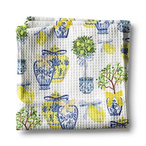 Lemon Chinoiserie Blue White Kitchen Towel Waffle Weave Floral Citrus Spring Preppy Hostess