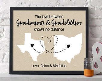 Two State Paper Art Print | Personalized Grandparent Sign | Long Distance Grandparent Gift | Grandparent Map | Grandparent Gift Grandma Gift