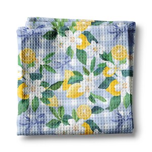 Lemon Chinoiserie Blue White Kitchen Towel Waffle Weave Floral Citrus Spring Preppy Hostess