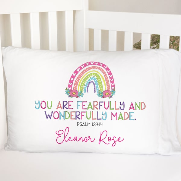 Wonderfully Made Rainbow Standard Pillowcase | Personalized Pillow Cover | Girls Room Decor | Nursery Decor