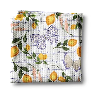 Lemon Chinoiserie Blue White Kitchen Towel Waffle Weave Floral Citrus Spring Preppy Hostess