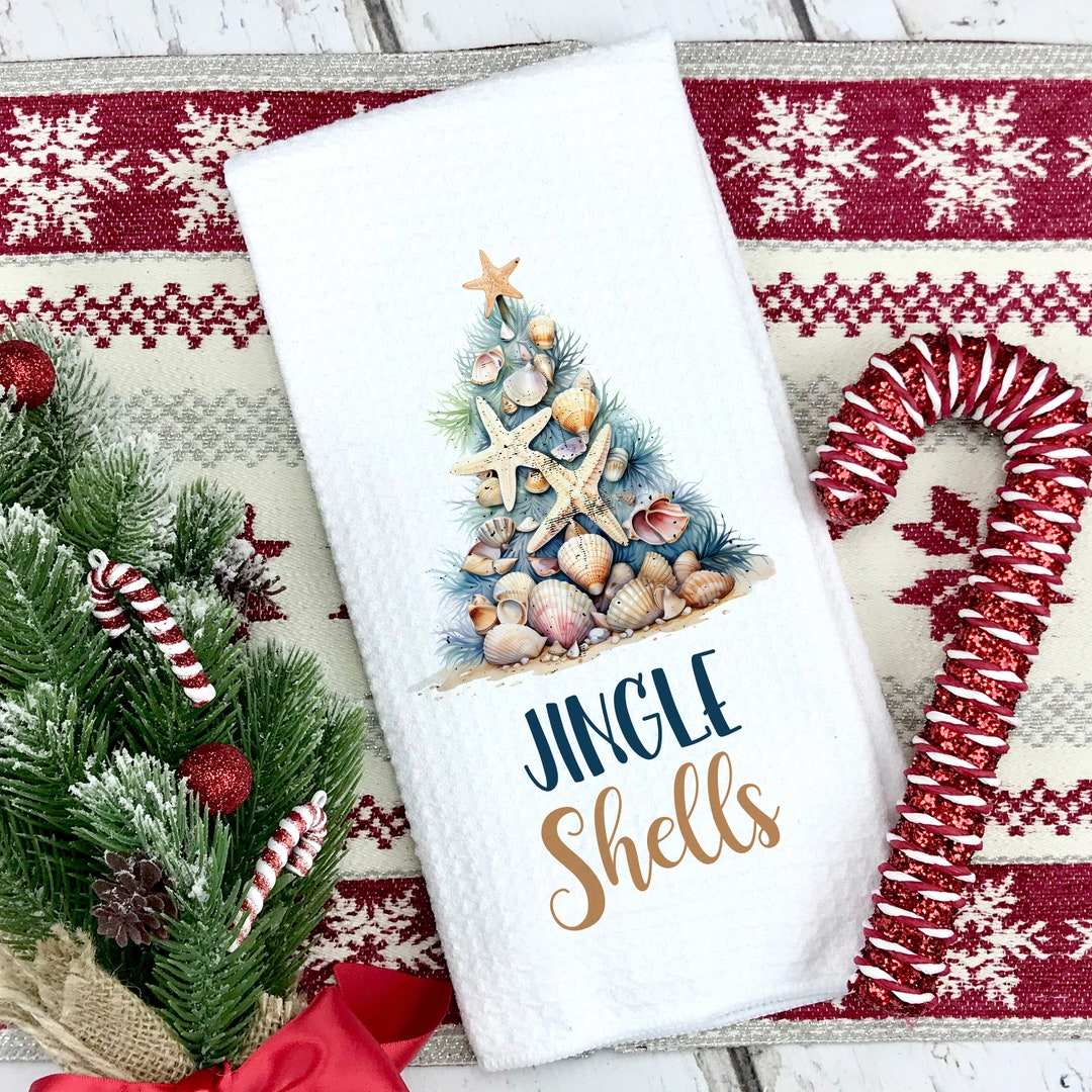 Personalized Jingle Shells Christmas Kitchen Towel | Custom Beach ...