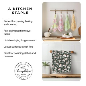 The image is a kitchen staple featuring a waffle weave fabric, a lint-free drying rack for glassware, and a towel with a floral pattern. The text highlights the versatility of the staple as a functional kitchen accessory, suitable for cooking, baking, and cleaning, as well as its ability to dry waffles quickly and efficiently. The image also showcases the waffle weave fabric's lint-free drying properties, which are beneficial for glassware and barware.