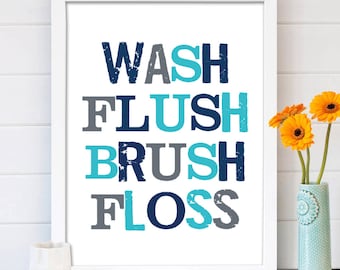 Bathroom Rules Wash Brush Floss Flush Childrens’s Bathroom Art Bathroom Wall Decor Bathroom Decor Kids Bathroom Sign Bathroom Print