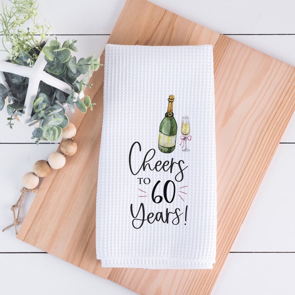 Cheers To 60 Years Birthday Towel | Custom Waffle Weave Dish Towel | Personalized Kitchen Towel | Housewarming Gift | Friend Gift