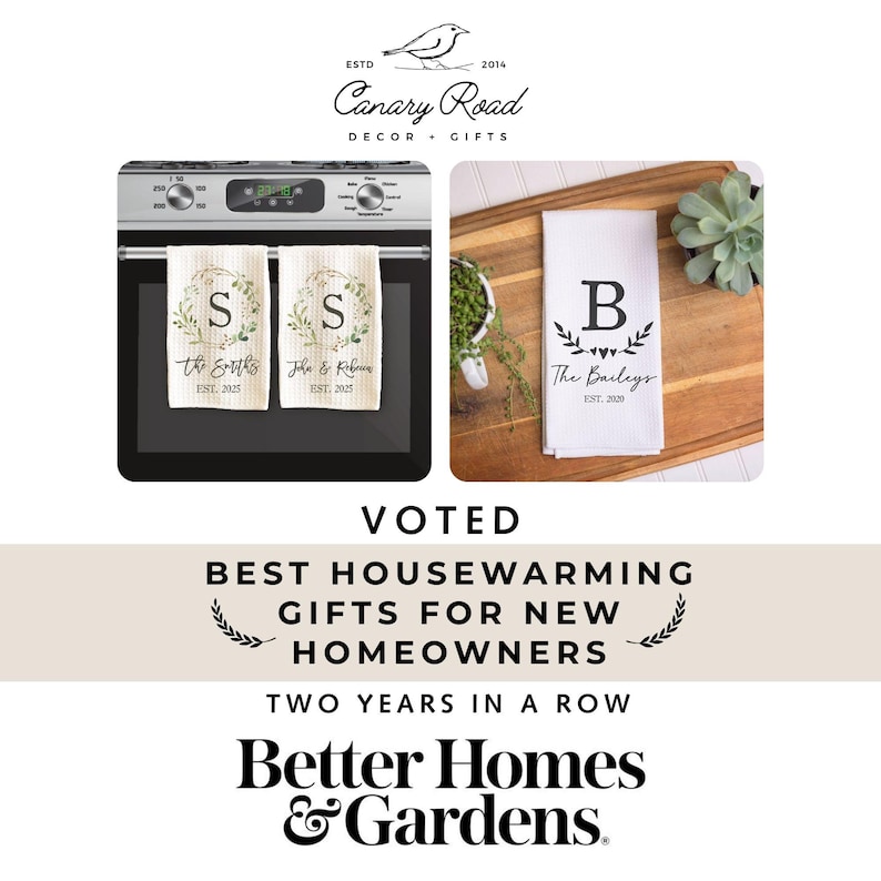 The image is a collage of two photos featuring towels with monogrammed initials and a potted succulent plant on a wooden surface.