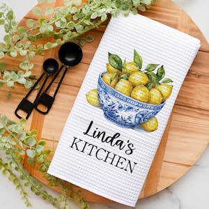 Custom Chinoiserie Lemon Bow Towel | Chinoiserie Kitchen Towel | Blue White Kitchen Decor | Summer Kitchen Decor | Housewarming