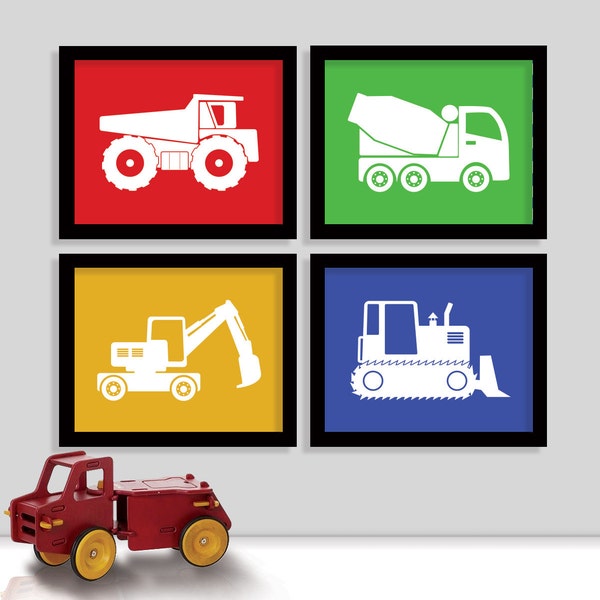 Truck Nursery Print Set | Nursery Art | Baby Wall Art | Boy Room Decor | Nursery Construction Theme | Boy Nursery Decor | Set of Four Prints