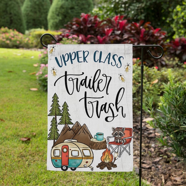 Trailer Trash Camping Garden Flag | RV Camping Decor | Yard Art | Camper Retirement Garden Decor | Funny Camper Gift