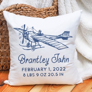 Personalized Boy&#39;s Plane Birth Announcement Pillow | Decorative Nursery Pillow | Baby Boy Pillow | Announcement of Birth Gift